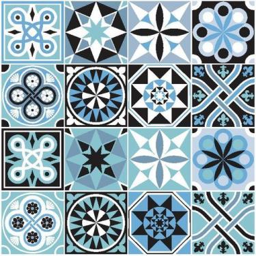 Imagem de Papel De Parede De Azulejo Hidráulico Azul E Preto - Inove Papéis de P