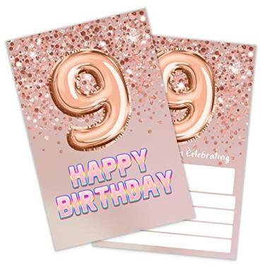 Imagem de Convite de aniversário de 9 anos para meninas - Convites de festa com glitter em ouro rosa com envelopes (20 unidades) - Artigos elegantes para festa de aniversário e decoração de celebração
