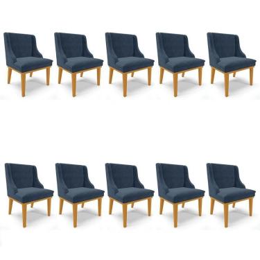Imagem de Kit 10 Cadeiras Estofadas Para Sala De Jantar Base Fixa De Madeira Castanho Lia Suede Azul Marinho - Ibiza