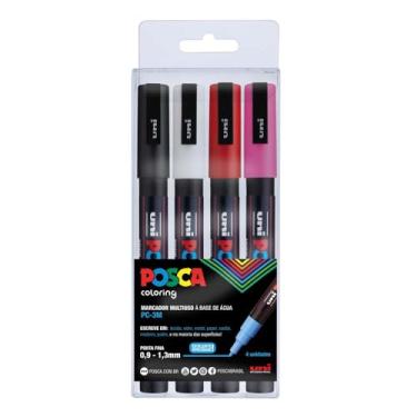 Imagem de POSCA, UNI, Caneta Marcador PC-3M, Ponta Fine, traço de 0,9mm a 1,3mm, Estojo com 4 cores