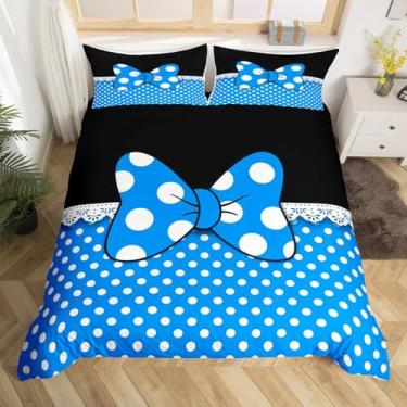 Imagem de Conjunto de capa de edredom infantil com laço de desenho animado, tamanho Queen, geométrico, patchwork, gravata borboleta, moda, decoração de quarto de meninas e mulheres, capa de colcha azul