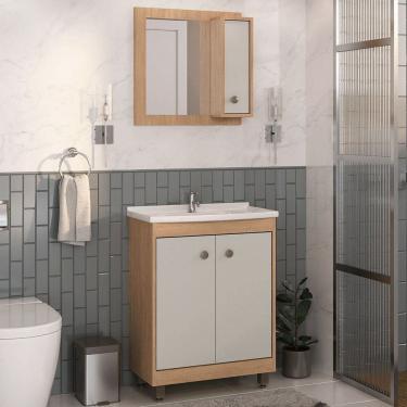 Imagem de Armário de Banheiro Leví 3 Portas com Espelho Carvalho Natural/Arena - Pnr Móveis