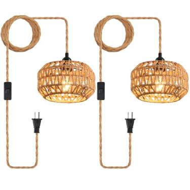 Imagem de CAFULAM Luminária Pendente Com Tomada, Industrial Suspensa Fio De Cânhamo, Interruptor Liga/Desliga, Estilo Fazenda, Luminárias Vintage Para Sala Jantar