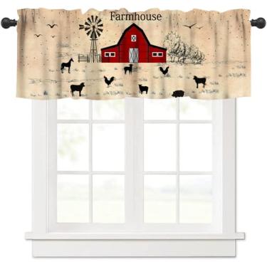 Imagem de Cortina de sanefa para cozinha, vintage rústica vermelha casa de fazenda moinho de vento galo ovelha rebanho cavalo animal varão bolso cortina tratamento para quarto sala de estar 54x18 polegadas