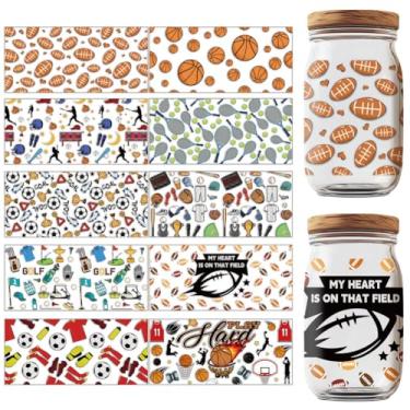 Imagem de GOMAKERER 10 folhas de adesivos UV DTF estilo 10 peças, adesivos de transferência de bolas esportivas decalques personalizados à prova d'água para transferências para copos de vidro de 473 ml, móveis,