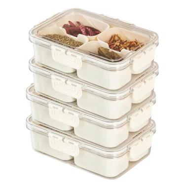 Imagem de Kit 4 Bandeja Pote Cesto Organizador Transparente Hermético com Tampa Empilhável com 4 Divisórias Internas Multiuso - Caixa Organizadora Ideal para Geladeira, Alimentos, Frutas, Legumes, Lanches