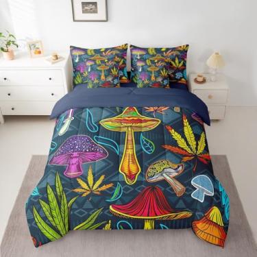 Imagem de Feelyou Conjunto de cama com cogumelos e folhas de maconha, folhas de maconha, botânico, triplo, 7 peças, para mulheres, homens, conjunto de cama casal para meninos