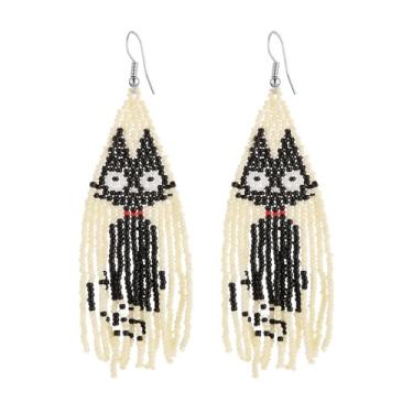 Imagem de HZMAN Brincos femininos com miçangas boêmias, contas de acrílico, gato preto, com franja, brincos pendentes de Natal, joias para presente