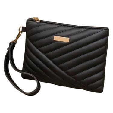 Imagem de WJXFHTD Bolsa de pulso acolchoada, bolsa de mão pequena bordada bolsa de telefone carteira de couro PU bolsa de pulso clutch pequena, Preto