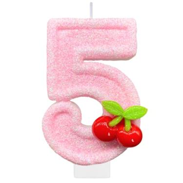 Imagem de Velas de aniversário de cereja, número 5 para bolo, decoração de festa de aniversário, enfeite de bolo, enfeite de cupcake para decoração de festa