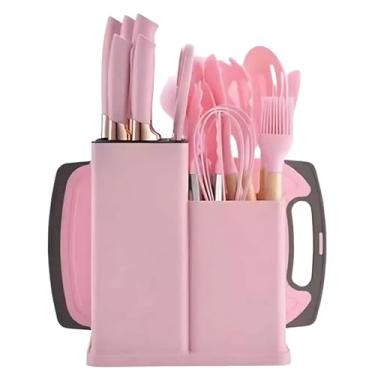 Imagem de Jogo de Utensílios de Cozinha em Silicone, Tesoura, Tábua de Corte e Organizador de Facas - Kit 19 Peças - Rosa - MM House