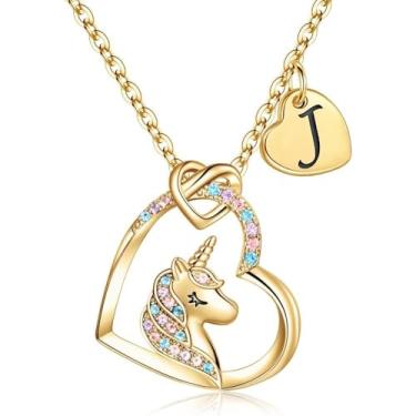 Imagem de Unicorn Necklace Gifts for Girls Daughter - Colorful Heart Pendant Initial Unicorn Necklaces for Girl Teens Little Girls Jewelry Birthday Gift-J