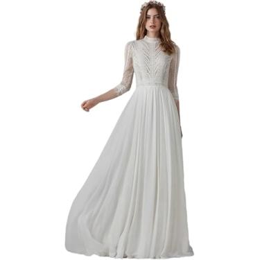 Imagem de Vestidos De Noiva Mangas De Renda Femininas Cintura Alta Tule Comprimento Do Chão Nupcial Festa De Noite Vestido Maxi, White, M(55-61KG)