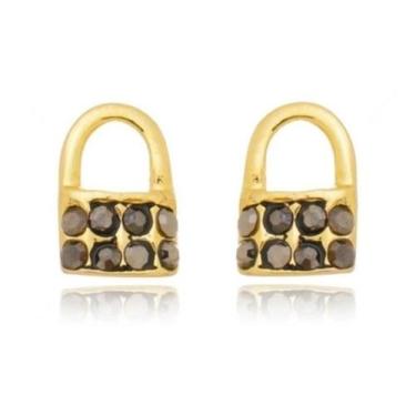 Imagem de Brinco Pedra Hematita Cadeado Pequeno 2 3 Furo Folheado Ouro - De Cast