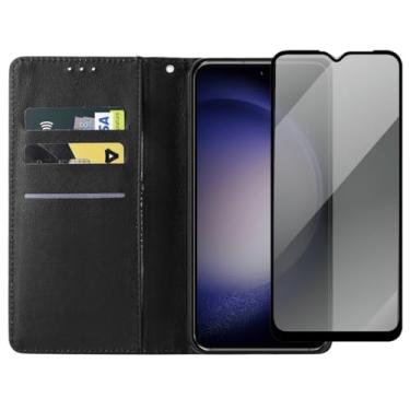 Imagem de Capa Carteira Galaxy S23 com Suporte, Flip Case + Película de Vidro 3D Privacidade Anti-Spy, Preta