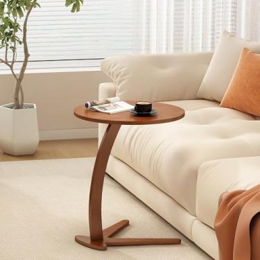 Imagem de Mesa lateral redonda de madeira: mesa de cabeceira moderna em forma de C de 43 cm com madeira maciça natural, pequena mesa de cabeceira para sala de estar, quarto, casa de fazenda, espaços pequenos