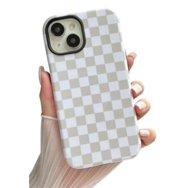 Imagem de Longlayss Capa de telefone compatível com iPhone 13/14 fofa estética quadriculada para mulheres meninas à prova de choque fino TPU e capa protetora de policarbonato rígido (branco antigo)
