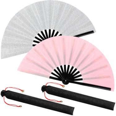 Imagem de Maitys 2 pacotes de leques grandes de palmas para dança em linha, grandes ventiladores chineses dobráveis para homens e mulheres, festivais, tai ji, kungfu, artes marciais, presentes (glitter prata e