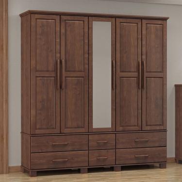 Imagem de Guarda Roupa Bipartido 5 Portas e 6 Gavetas Linha Ouro Madeira Maciça 2253WN Café Finestra