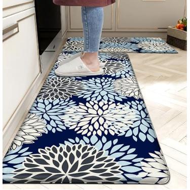 Imagem de tubeamin Conjunto de 2 tapetes de cozinha acolchoados, antifadiga, antiderrapante, impermeável, tapete de espuma viscoelástica, tapete de pé confortável para pia, escritório, lavanderia, azul marinho