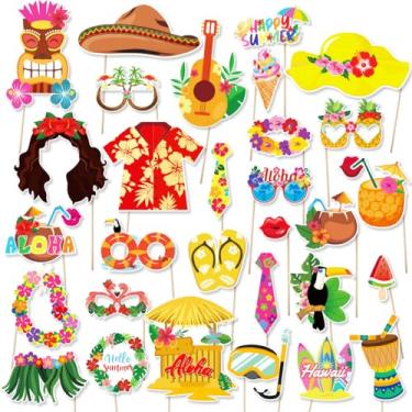 Imagem de USUKUSI Kit De Acessórios Para Cabine Fotos E Decoração Festa Luau, 30 Peças, Tema Havaiano, Lembrancinhas Tropicais Tiki Verão, Piscina, Praia, Aniversário, Casamento