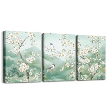 Imagem de Erosebridal Decoração de parede de flor de cerejeira feminina 30,5 x 40,6 cm, arte de parede de ramos de cerejeira para sala de estar, decorações de parede estilo japonês, flores brancas, pôsteres de