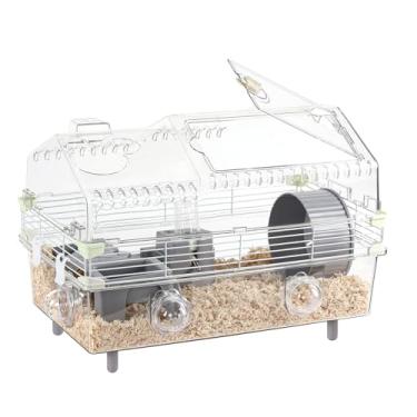 Imagem de LOOBMBNS Kit de gaiola para hamster de 55 cm C x 30 cm L x 38 cm A com combinação de banheira e tigela de comida, roda de exercício de 15 cm, garrafa de água, teto solar, porta com trava, transparente