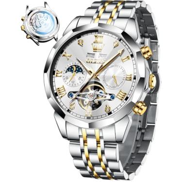 Imagem de OLEVS Relógio masculino automático de aço inoxidável esqueleto mecânico à prova d'água luminoso com corda automática diamante masculino, relógio masculino prata, silver men watch, relógio masculino