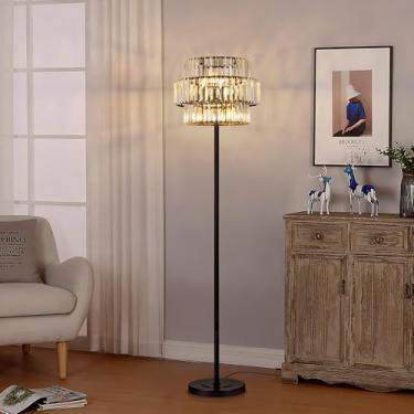 Imagem de Wellmet Luminária de chão preta para sala de estar, 6 luzes modernas de cristal, luminária de chão alta e elegante com interruptor de pé para escritório, sala de leitura, quarto, sala de jantar (base