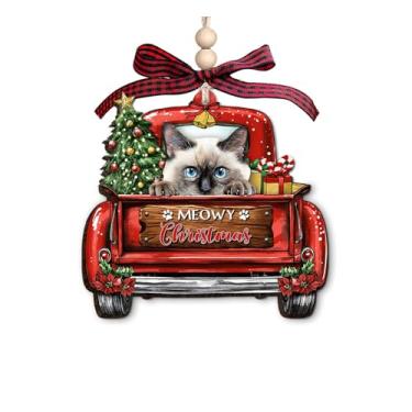 Imagem de Enfeite de Natal Birman - Linda decoração de Natal para amantes de gatos - Enfeite de caminhão vermelho de madeira de 3 camadas para donos de animais de estimação - Enfeite de pendurar para árvore de
