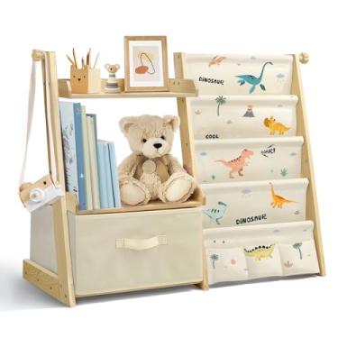 Imagem de wooshwa Estante infantil e organizador de brinquedos 2 em 1, prateleira de livros para quartos de crianças com caixa de brinquedos móvel, suporte para livros de 4 níveis para berçário, quarto, sala de