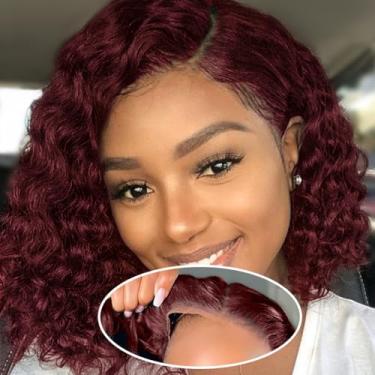 Imagem de Perucas HD sem cola, cabelo humano, pré arrancado, pré-cortado, bob, 10 x 10, 45 cm, bordô, 210% de densidade, cabelo humano encaracolado, cabelo humano, use and go deep wave lace frontal perucas de