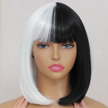 Imagem de Peruca Bob curta com franja, metade preta e branca perucas sintéticas de cabelo liso para mulheres, 35,5 cm cosplay fantasia Bob peruca (metade preta e branca)