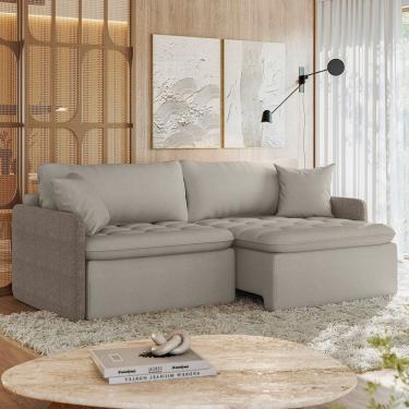 Imagem de Sofá Cama Retrátil e Reclinável 3 Lugares 234cm Belmopã Espresso Móveis Jacquard Bege Claro/Linhão Marrom Claro