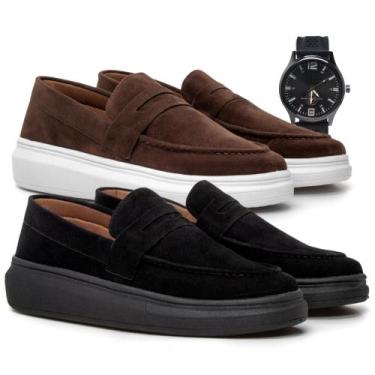 Imagem de Kit 2 Mocassim Masculino Sola Alta Macio Loafer Derby em Camurça Costu