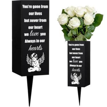 Imagem de WEBEEDY Vasos de cemitério com pontas de metal memorial anjo vaso preto cemitério flor titular com furos de drenagem decoração de jardim presente memorial para perda de amor, 8 x 20 cm/3,15 x 7,87