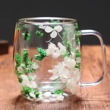 Imagem de Taolivingmart Caneca de café com isolamento de parede dupla de flores secas, xícara de chá de vidro borossilicato com flor real embutida, alça resistente ao calor para presentes de aniversário de