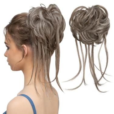 Imagem de CJL HAIR Extensões de coque bagunçado de cabelo cacheado com cauda reta cabelo sintético scrunchies rabo de cavalo para mulheres cinza médio