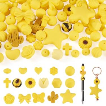 Imagem de KISSITTY 92 peças de contas amarelas de silicone a granel sortidas contas focais estrela flor coração folha forma cruz centro perfurado contas soltas para chaveiros DIY colares pulseiras brincos