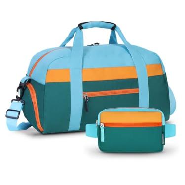 Imagem de WOOMADA Bolsa infantil para meninos ou meninas, bolsa noturna infantil com compartimento para sapatos e bolso molhado, ideal para prática escolar, esportes, viagens, laranja verde + pochete