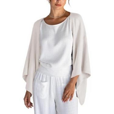 Imagem de Cardigan Bankeng feminino de linho, manga 3/4, frente aberta, branco