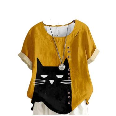Imagem de Camisa de linho domirica Trioyellow Cat Print, manga curta feminina