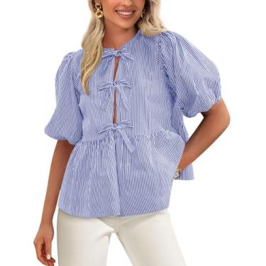 Imagem de Blusa feminina PRETTYGARDEN com gravata frontal listrada azul XXL