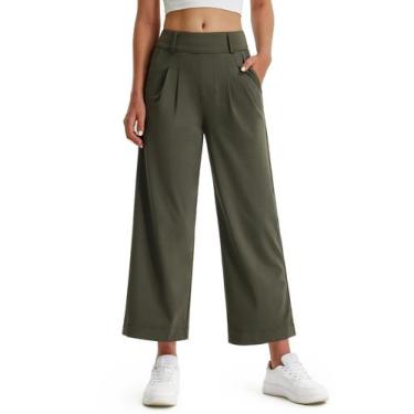 Imagem de Calça social de perna larga Libin para mulheres, verde militar, tamanh