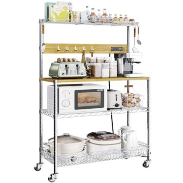 Imagem de Rack de padeiro com portas USB de tomada elétrica, suporte de micro-ondas de 86 cm com armazenamento, carrinho de café com rodas e ganchos, carrinho de prateleira de cozinha utilitário de metal de 4