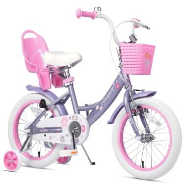 Imagem de Glerc Maggie Bicicleta para meninas, bicicleta infantil de 40 cm para crianças de 4 a 7 anos, bicicleta infantil estilo princesa com assento de boneca, cesta e rodas de treinamento, roxo