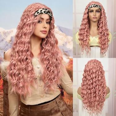 Imagem de BECUS Bandanas de cabelo rosa para mulheres negras 58 cm longa cacheada peruca ondulada cabelo sintético touca de renda sem cola para mulheres