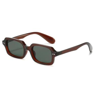 Imagem de HCHES Óculos de sol retrô retangular pequeno masculino com rebites, fashion, cor gelatinosa, gradiente, uv400, feminino (marrom, verde escuro)