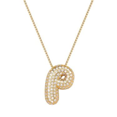 Imagem de Mint & Lily Colar feminino com inicial de ouro Pave Bubble – banhado a ouro 18K sobre latão com corrente delicada, presente para mulheres, Latão, Sem Pedra Preciosa