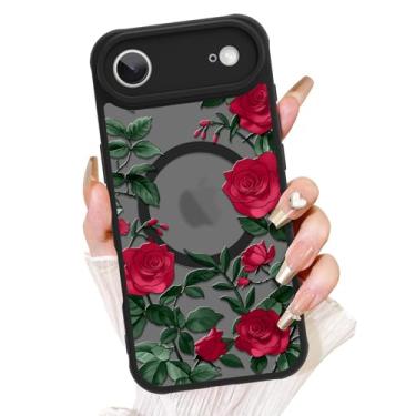 Imagem de AIGOMARA Capa floral para capa Plus 2025 [compatível com MagSafe] Padrão de flor rosa vermelha com capa de telefone fosca semitransparente para mulheres Gilrs TPU macio e PC capa protetora traseira